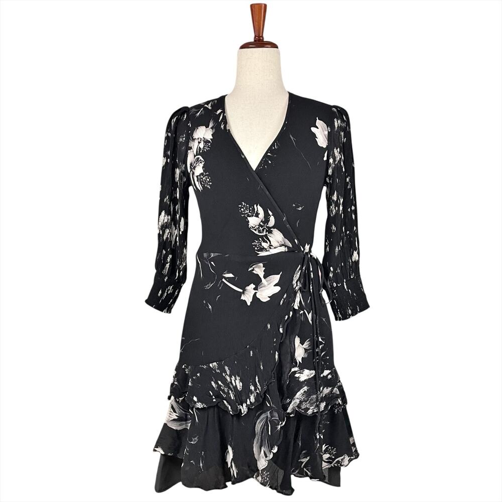 ALLSAINTS Ari Pauline Black Floral True-Wrap Ruffle Dress Size 4 Whimsigoth Emo - Picture 3 of 11
